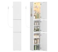 HEXCELEN Armoire de Salle de Bain Haute avec Éclairage, Meuble de Rangement avec Étagères en Verre Réglables, Trois Portes Réversibles, Pieds Antidérapants, Adaptée Aux Petits Espaces, Blanc