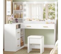 HEXCELEN Coiffeuse avec Grand Miroir LED et Tabouret, Luminosité Réglable, Table de Maquillage en L avec Prise, Coiffeuse avec 5 Tiroirs et Étagères Ouverts, 40 × 120 × 139 cm, Blanc