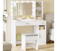 HEXCELEN Coiffeuse avec Miroir et Tabouret, Grand Miroir LED, Luminosité Réglable, Table de Maquillage, Coiffeuse avec 2 Tiroirs, 4 Compartiments et Armoire, 40 x 108 x 141 cm Blanc