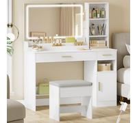 HEXCELEN Coiffeuse avec Miroir et Tabouret, Grand Miroir LED, Luminosité Réglable, Table de Maquillage, Coiffeuse avec 2 Tiroirs, 4 Compartiments et Armoire, 40 x 108 x 141 cm Blanc