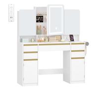 HEXCELEN Coiffeuse avec Miroir Triple, Luminosité Réglable, Coiffeuse avec Prise, Support pour Sèche-Cheveux, Table de Maquillage, Tiroir et Armoire, pour Chambre à Coucher, Blanc