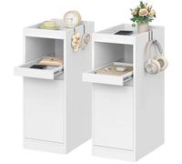 HEXCELEN Table de Chevet Lot de 2, Table de Nuit avec Plateau, Tables d'appoint étroite avec 1 Porte, Tables d'appoint avec 2 Crochets, pour Chambres à Coucher, Salons, Moderne Blanc 35 × 24 × 64 cm