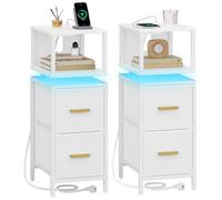 HEXCELEN Table de Nuit, Lot de 2, Table de Chevet Éclairée, 2 Tiroirs et Compartiment Ouvert, Tables d’appoint avec Ports USB et Prises, pour Chambre à Coucher Salon Moderne 30,2 x 24 x 67 cm Blanc