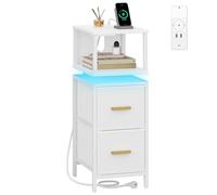 HEXCELEN Table de Nuit, Table de Chevet Éclairée, 2 Tiroirs et Compartiment Ouvert, Tables d’Appoint avec Ports USB et Prises, pour Chambre à Coucher Salon Moderne 30,2 x 24 x 67 cm Blanc