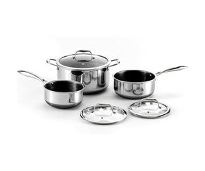 HexClad Batterie de cuisine hybride 6 pièces - Ensemble de casseroles de 2, 3 et 8 pintes avec 3 couvercles en verre, poignée antiadhésive - Sans PFOA, lave-vaisselle, passe au four