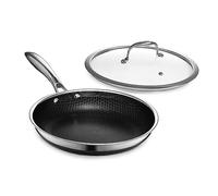 HexClad Poêle hybride anti-adhésive de 25 cm avec couvercle en verre trempé, poignée qui reste froide, passe au four, prête à induction, compatible tous feux
