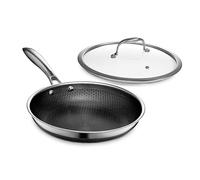 HexClad Poêle hybride antiadhésive de 25,4 cm avec couvercle en verre trempé, manche restant froid, passe au lave-vaisselle, convient au four jusqu'à 482 °C, adaptée à l'induction, compatible avec