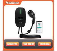 Hexinex Borne de Recharge EV 11kW Triphasée Type 2 Chargeur VE 8-16A Réglable Câble 6m Écran LCD RFID 4 Cartes WiFi/BT Controle