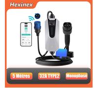 Hexinex Chargeur Voiture Électrique 32A Portable Type 2, Borne Recharge EV Mode 2, WiFi/Bluetooth, Écran LED, Câble 5m