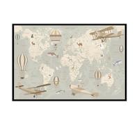 Hexoa Affiche encadrée Carte du Monde Animaux Beige - Made in France - 60x40