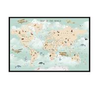 Hexoa Affiche encadrée Carte du Monde Animaux Vintage - Made in France - 60x40