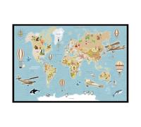 Hexoa Affiche encadrée Carte du Monde Enfants illustrée - Made in France - 60x40