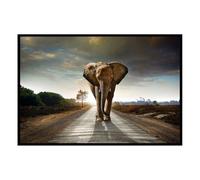 Hexoa Affiche encadrée - Éléphant Solitaire sur la Route, Puissance et liberté - Made in France - 60x40