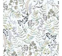 Hexoa Papier Peint herbier Aquarelle Tons bleutés Fond Blanc - Made in France - 53x1000