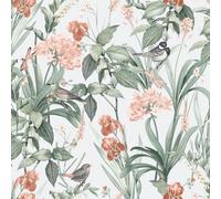 Hexoa Papier Peint Jardin Fleuri Oiseaux Fond Bleu Glacier - Made in France - 53x1000
