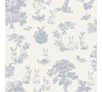 Hexoa Papier Peint Lapin Toile de Jouy Bleu Blanc - Made in France - 53x1000