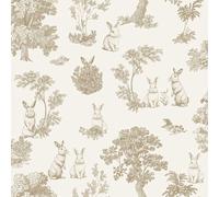 Hexoa Papier Peint Lapin Toile de Jouy doré Blanc - Made in France - 53x1000