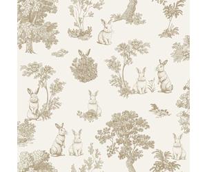 Hexoa Papier Peint Lapin Toile de Jouy doré Blanc - Made in France - 53x1000
