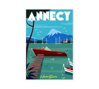 Hexoa Tableau château et lac d' Annecy - Made in France - Toile imprimée 30x45