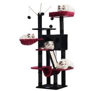 Hey-brother Arbre à chat de 134,6 cm pour chat d'intérieur, maison à chat avec lit plateforme rembourré, balles jouet, grand niche confortable, hamac et griffoir en sisal, noir et rouge MPJ019-SBR