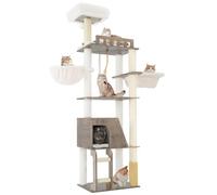 Hey-brother Arbre à Chat Moderne en Bois, Tour de Jeu 184 cm, Planche à Griffer Stable à Plusieurs Niveaux avec Grande Plateforme, Hamac, Niche, Brosse de toilettage et échelle, Gris Vintage MPJ121SG