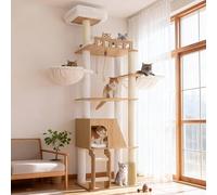 Hey-brother Arbre à Chat Moderne en Bois, Tour de Jeu 184 cm, Planche à Griffer Stable à Plusieurs Niveaux avec Plateforme, Hamac, Niche, Brosse de toilettage et échelle, Chêne Blanc MPJ121BT