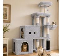 Hey-brother Arbre à Chat pour Chatons, Tunnel Escalade Gradins, MPJ061W | Tour de jeux chat intérieur 130cm, 2 niches spacieuses, 2 plateformes, panier confort, chemin escalade gradins, Gris Clair