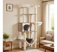 Hey-brother Arbre à chat pour chats d'intérieur, 168 cm de haut, maison en bois pour grands chats, tour à chat moderne avec griffoirs, hamacs, jouets, niche, gris rustique MPJ120SG
