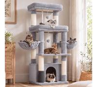 Hey-brother Arbre à Chat pour Grands Chats, 2 Grandes Plateformes, MPJ070W | 130 cm Tour de jeux pour chats spécifique pour les chats grands, 2 hamac, un grand niche un peigne à toilettage, Gris Clair