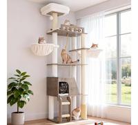 Hey-brother Arbre Chat Bois 184cm Multi-étages, Style Moderne, MPJ121SG | Tour de jeu 184cm, griffoir multi-niveaux stable, avec plateforme, hamac, niche, brosse toilettage, échelle, Gris Vintage