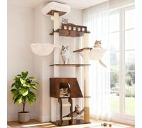 Hey-brother Arbre Chat Bois 184cm Multi-étages, Style Moderne, MPJ121SR | Tour de jeu 184cm, griffoir multi-niveaux stable, avec plateforme, hamac, niche, brosse toilettage, échelle, Marron Vintage