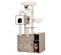 Hey-Brother Arbre pour Chats avec Bac à Aable pour Chats, Arbre à Chat de Style Moderne, Equipé d'une Grande Plateforme, d'un Plateau d'alimentation et de Deux Hamacs, Gris Vintage EMPJ115SG