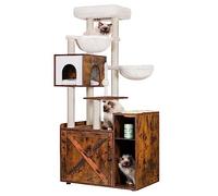 Hey-Brother Arbre pour Chats avec Bac à Aable pour Chats, Arbre à Chat de Style Moderne, Equipé d'une Grande Plateforme, d'un Plateau d'alimentation et de Deux Hamacs, Brun Vintage EMPJ115SR