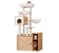 Hey-Brother Arbre pour Chats avec Bac à Aable pour Chats, Arbre à Chat de Style Moderne, Equipé d'une Grande Plateforme, d'un Plateau d'alimentation et de Deux Hamacs, Noyer EMPJ115WB