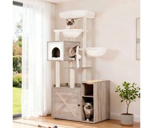 Hey-Brother Arbre pour Chats avec Bac à Aable pour Chats, Arbre à Chat de Style Moderne, Equipé d'une Grande Plateforme, d'un Plateau d'alimentation et de Deux Hamacs, Gris Vintage EMPJ115SG