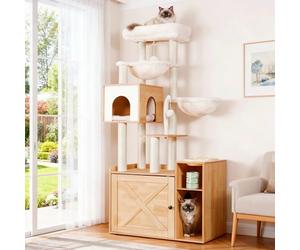 Hey-Brother Arbre pour Chats avec Bac à Aable pour Chats, Arbre à Chat de Style Moderne, Equipé d'une Grande Plateforme, d'un Plateau d'alimentation et de Deux Hamacs, Noyer EMPJ115WB