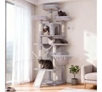 Hey-Brother Katzenbaum, 180,3 cm XL, Grand Katzenturm für Indoor-Katzen, mehrstufiges Katzenhaus mit 3 gepolsterten Sitzstangen, großem Kratzer, 2 Katzenhäuser und Kratzstämme, Hellgrau MPJ034W