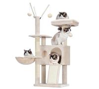 Hey-brother Petit Arbre à Chat, Stable, 100 cm, avec Jouets Amovibles, Grotte, 1 Plateforme, 1 Panier pour Chat, Plateau à griffer en sisal et Boule en Peluche, Convient aux Chatons, Beige EMPJ008SM