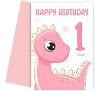 Hey Chimp Carte d'anniversaire 1er anniversaire pour fille - Carte d'anniversaire 1 an pour petite-fille, fille, nièce, sœur ou fille - Carte d'anniversaire dinosaure rose