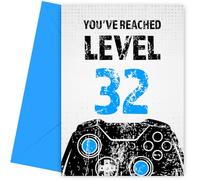 Hey Chimp Carte d'anniversaire 32 ans pour garçon - Carte d'anniversaire atteint le niveau 32 pour fils - Excellent petit-fils, neveu ou frère, carte de 32e anniversaire, joueur - Bleu
