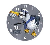 Hey Gull Friend Lettrage Horloge murale ronde, mouette dans un col rayé, une casquette de capitaine de mer et avec un poisson Horloge murale ronde pour la maison, le jardin, le mur décoratif pour la c