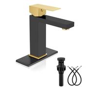 Heyalan Robinet de salle de bain à 1 trou, robinet d'évier de salle de bain moderne en acier inoxydable avec bouchon de vidange pop-up et tuyaux d'alimentation en eau, poignée dorée brossée/noir mat