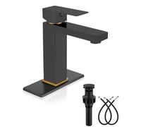 Heyalan Robinet de salle de bain à 1 trou, robinet d'évier de salle de bain moderne en acier inoxydable avec bouchon de vidange pop-up et tuyaux d'alimentation en eau, poignée noire mate/or brossé