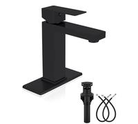 Heyalan Robinet de salle de bain moderne à 1 trou, poignée unique en acier inoxydable avec bouchon de vidange pop-up et tuyaux d'alimentation en eau, noir mat