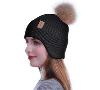 HEYANN Bonnet d'hiver tricoté à cache-oreilles, unisexe, bonnet d'hiver chaud en tricot coupe-vent pour femme, chapeau parapluie pour la marche, la course à pied, Noir , Taille unique