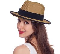 HEYANN Fedora Chapeau panama en paille - Chapeau de soleil - Protection solaire UV - Chapeau d'été - Respirant - Chapeau de plage pour homme et femme - Chapeau de paille réglable, kaki, M