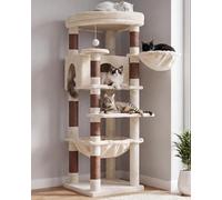 Heybly Arbre à Chat 135cm d'angle, Tour Griffoir pour Grands Chats HCT029MJ | Perchoir Éventail Amovible, Hamac Carré XL, Panier Rond, Niche Peluche, Base 45 cm, Coin Salon Et Chambre, Beige