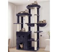 Heybly Arbre à Chat 177cm pour Grands Chats 2 Niches et Perchoirs HCT065G | Base Élargie 76 x 43 cm, Hamac et Panier Suspendus, 8 Poteaux Sisal, Sangle Anti-Basculement, Pour l’Intérieur, Gris Fumé
