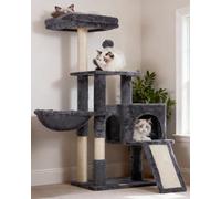 Heybly Arbre à Chat, Brosse de Nettoyage Automatique, Arbre à Chat Domestique Robuste avec Peluche Polie, Chaise Longue, Bac à Litière avec Panneaux et Griffoir, Gris Foncé HCT005SG