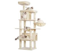 Heybly Arbre À Chat, De 178 cm De Hauteur, Colonne À Griffer pour Les Chats D'Intérieur, Arbre À Chat Multi-Étagé avec 8 Colonnes À Griffer, 2 Trou, 2 Plateformes, Hamac, Panier, Beige HCT036M